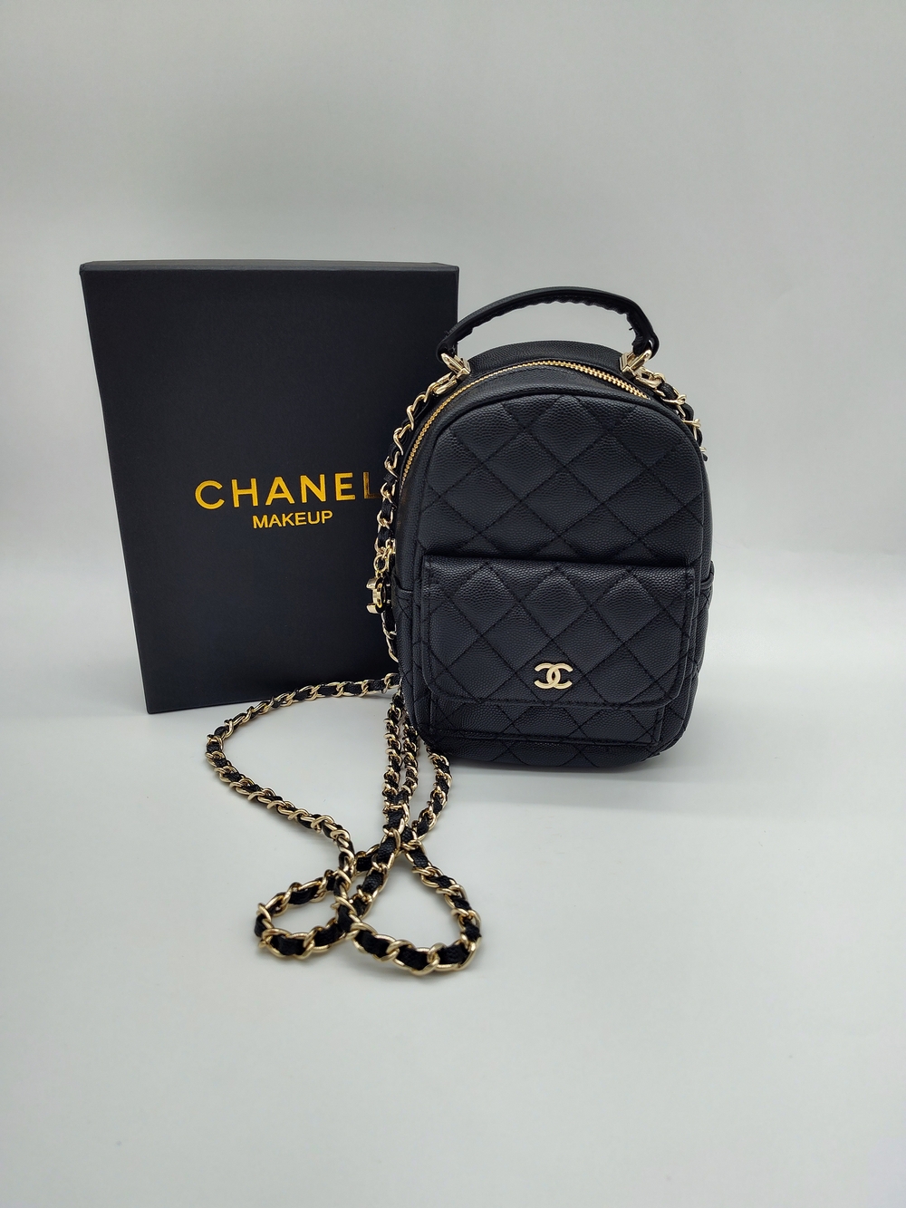 CHANEL Makeup Promotional Black Quilted Mini Backpack Crossbody Bag Gold Chain